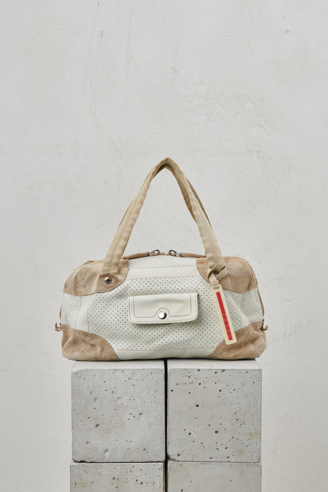 PERFORATED WHITE LEATHER AND SUEDE BAG