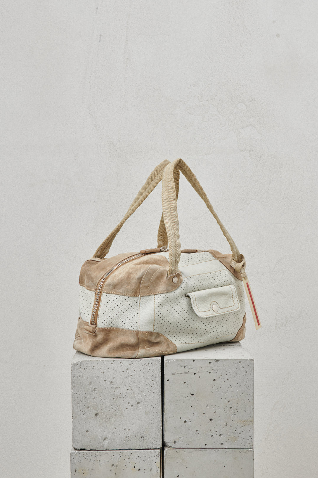 PERFORATED WHITE LEATHER AND SUEDE BAG