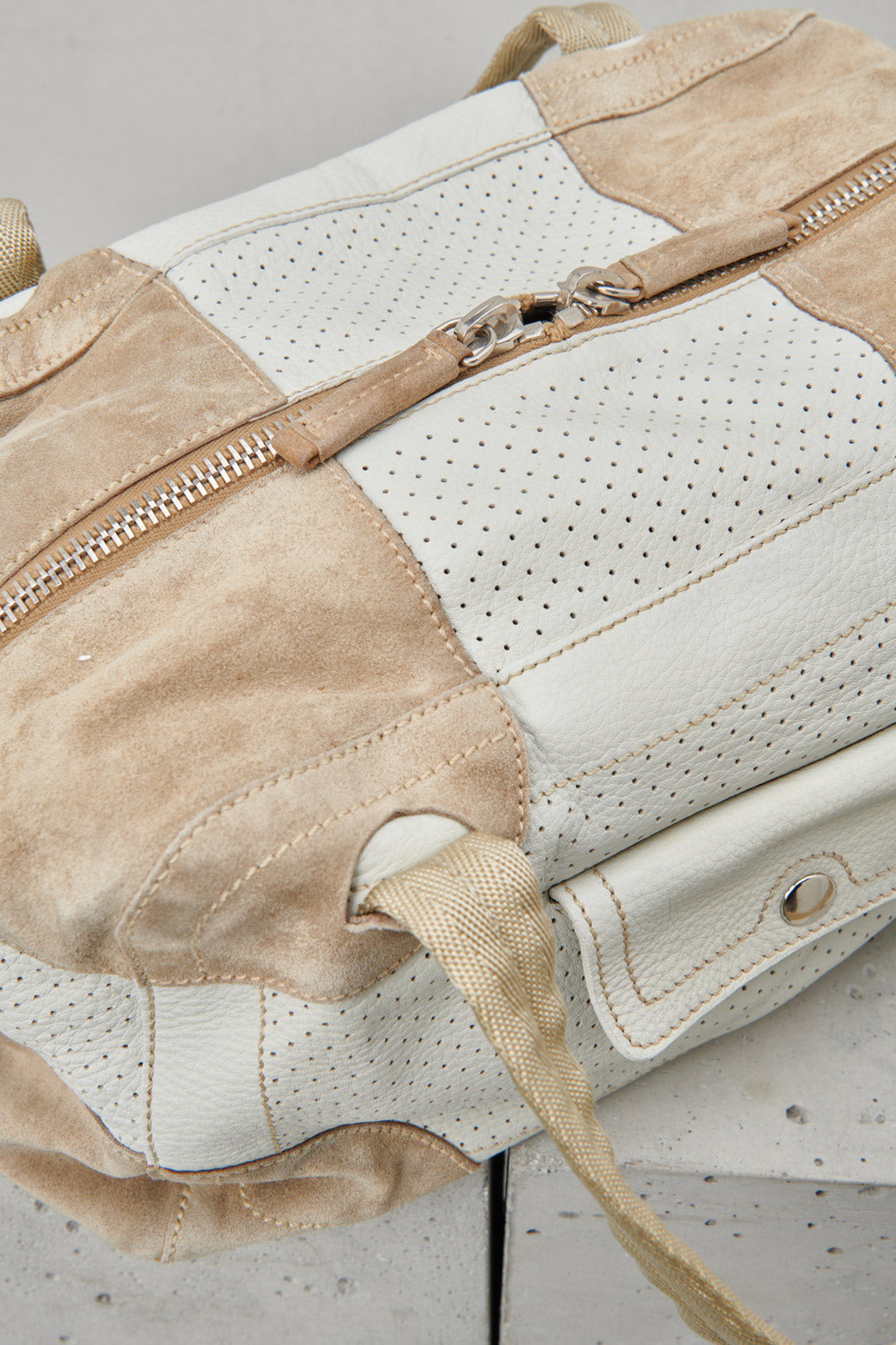 PERFORATED WHITE LEATHER AND SUEDE BAG