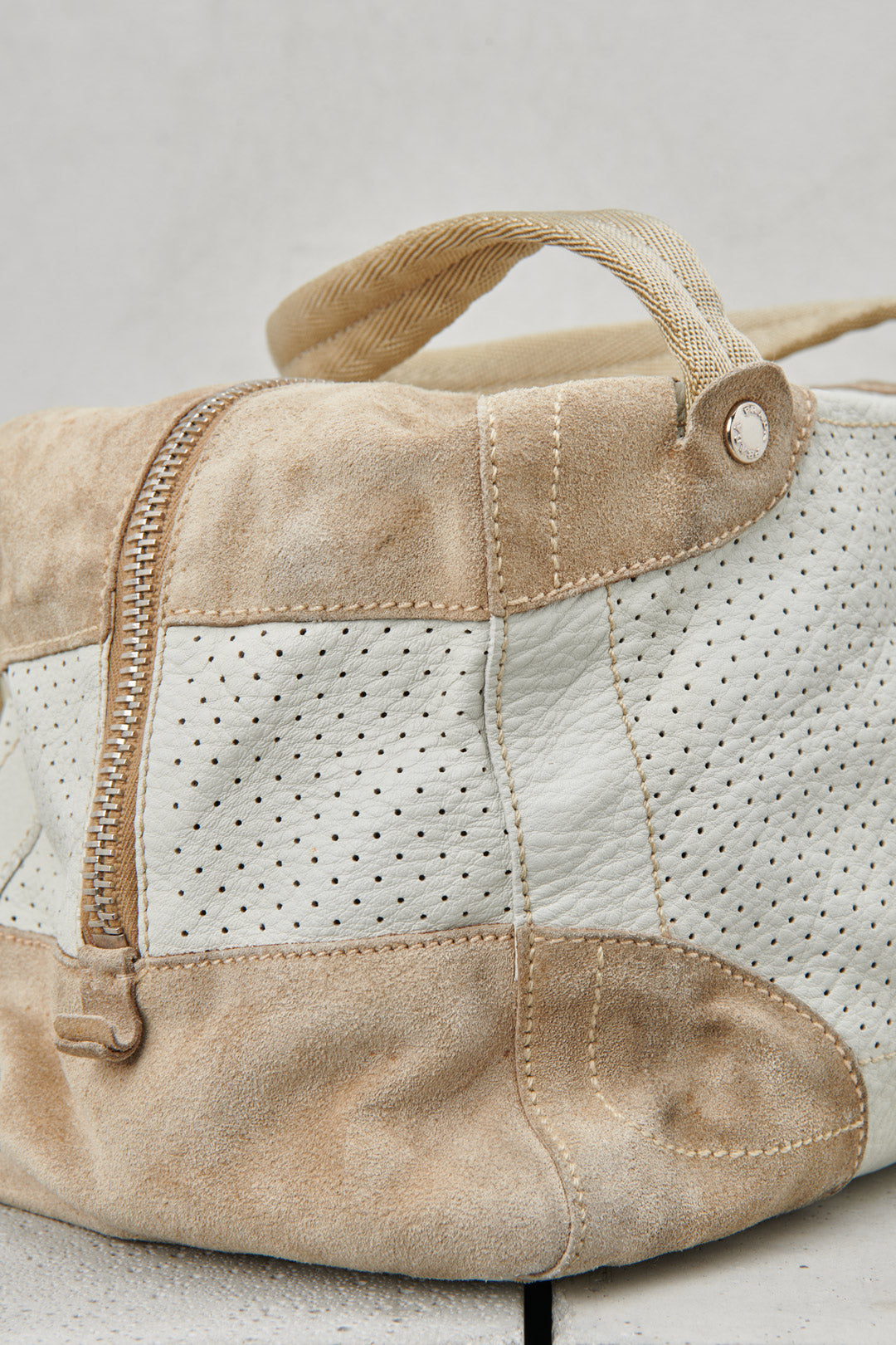 PERFORATED WHITE LEATHER AND SUEDE BAG