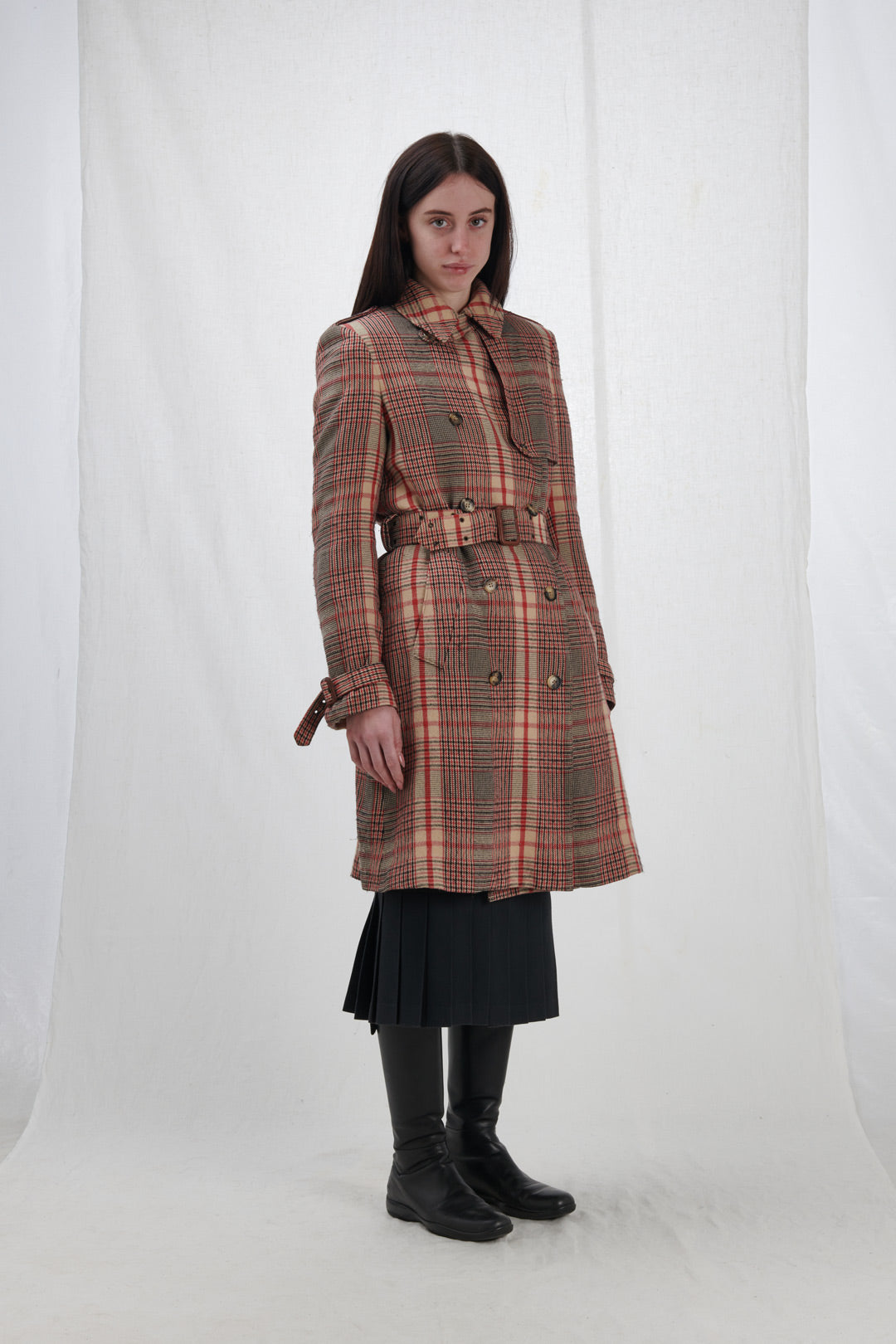 RED BLACK TARTAN TRENCH COAT