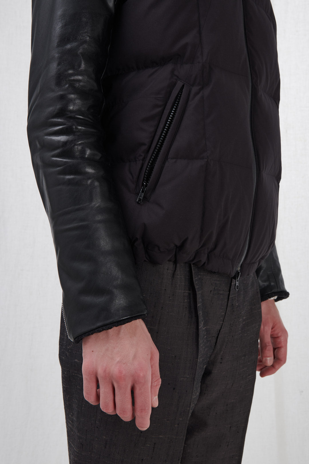 LEATHER SLEEVED DOWN JACKET