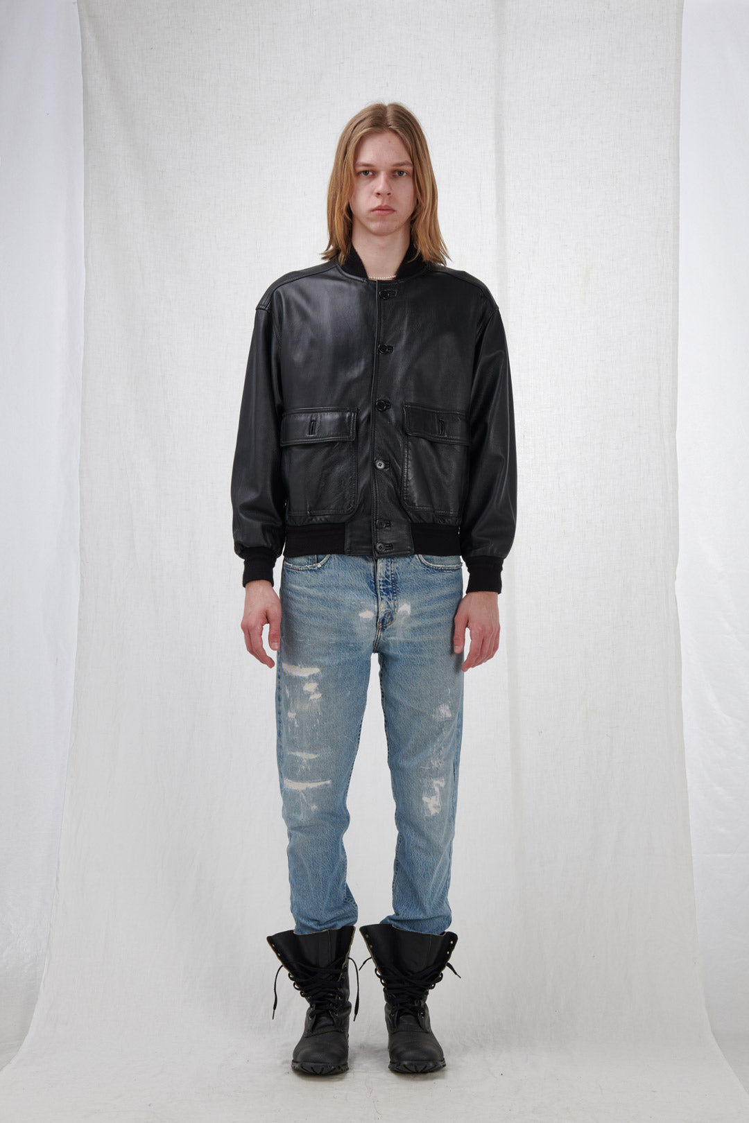 BLACK LEATHER BOMBER JACKET