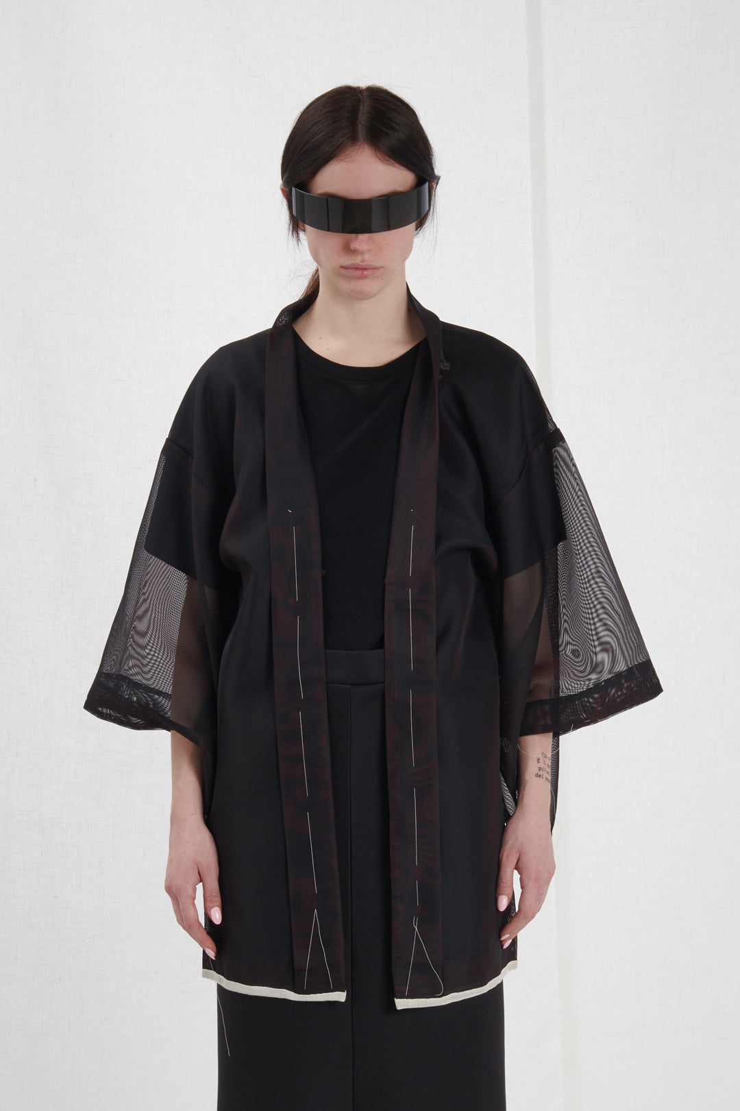 MESH KIMONO WITH EXPOSED STITCHING