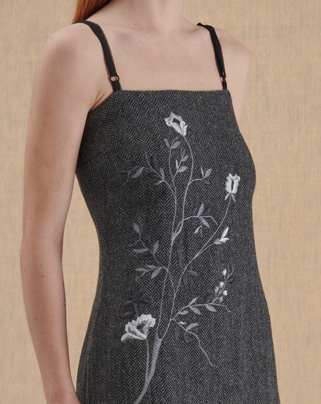 EMBROIDERED HERRINGBONE FABRIC DRESS WITH SHOULDER STRAPS