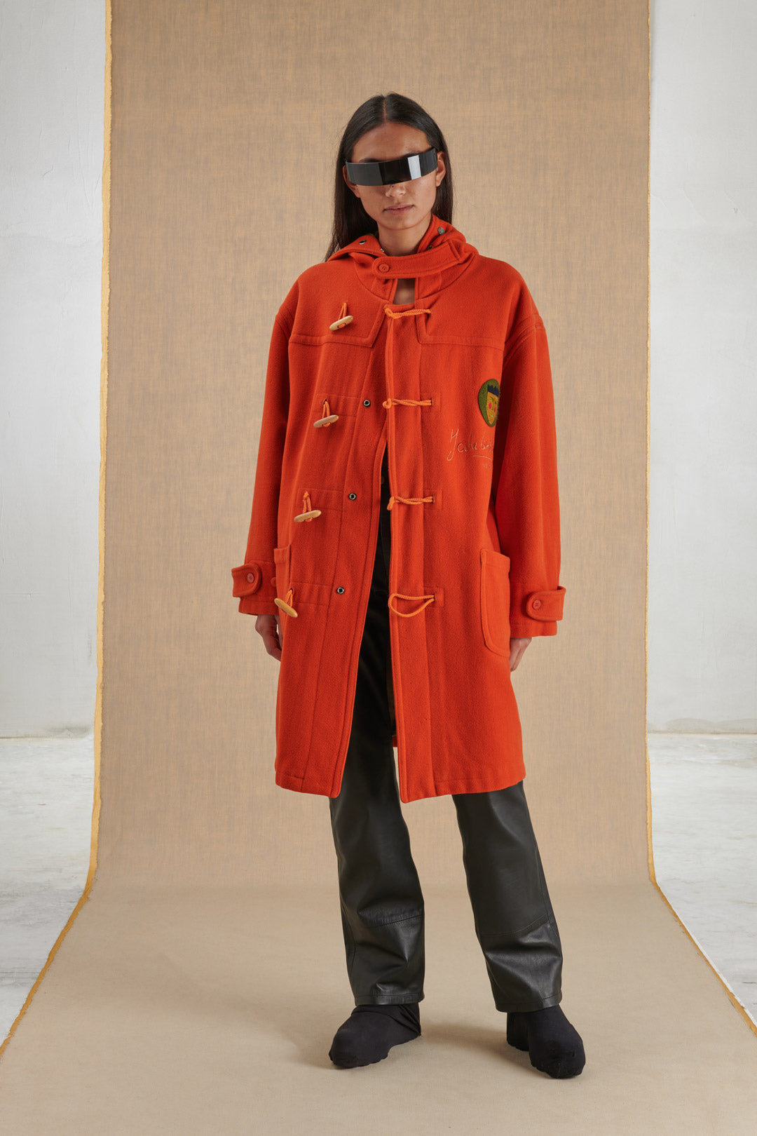 ORANGE MONTGOMERS WITH CONTRAST EMBROIDERY AND LINING