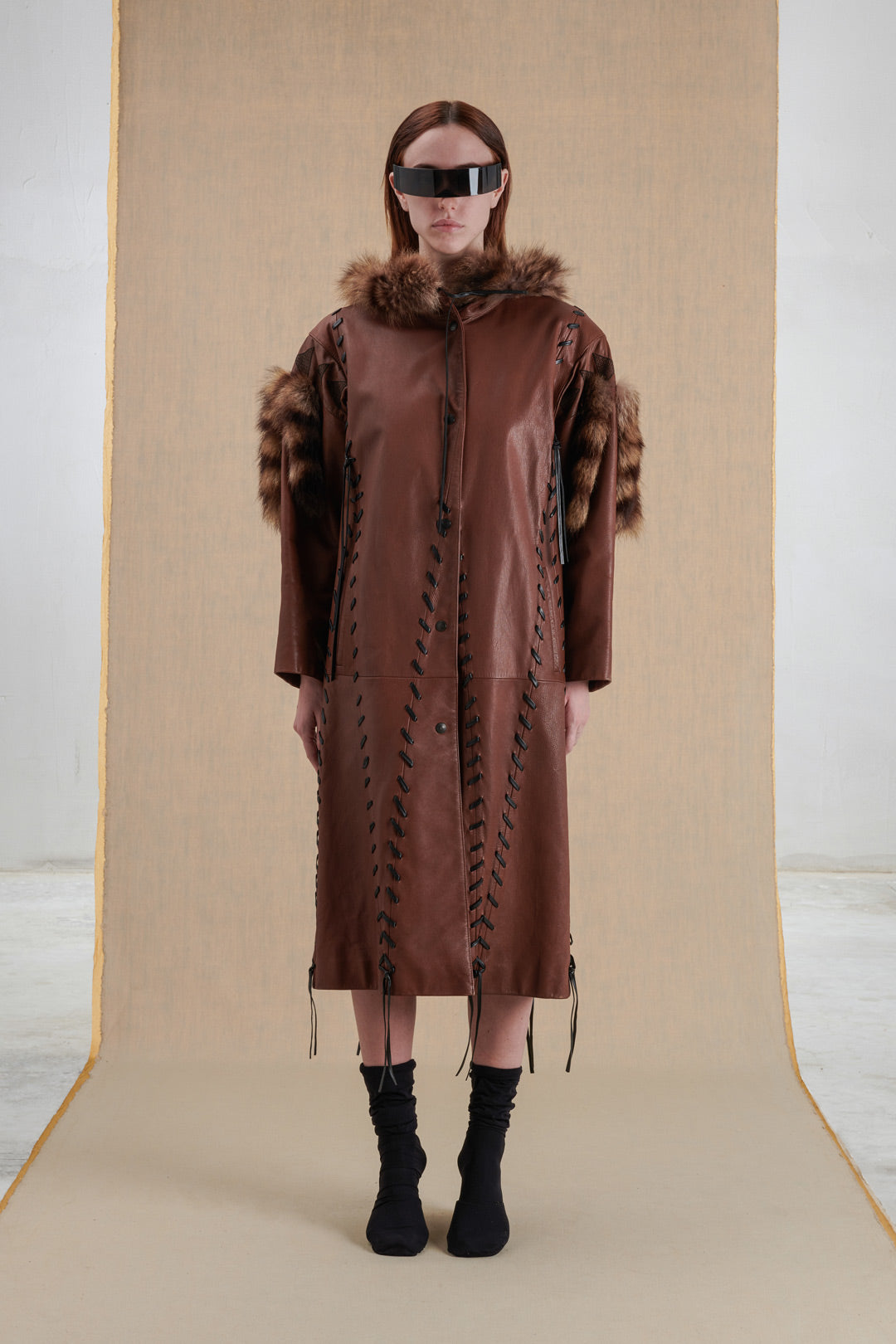 LEATHER COAT WITH FUR AND TRIANGULAR EMBROIDERY