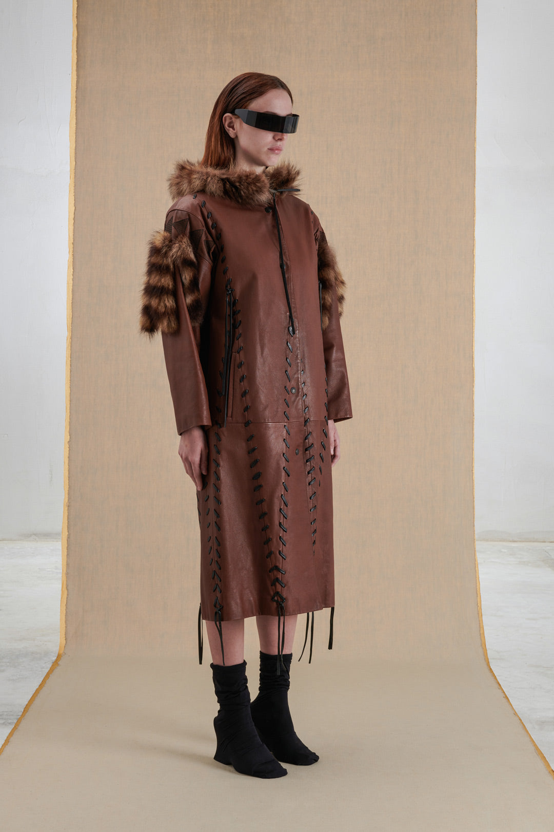 LEATHER COAT WITH FUR AND TRIANGULAR EMBROIDERY