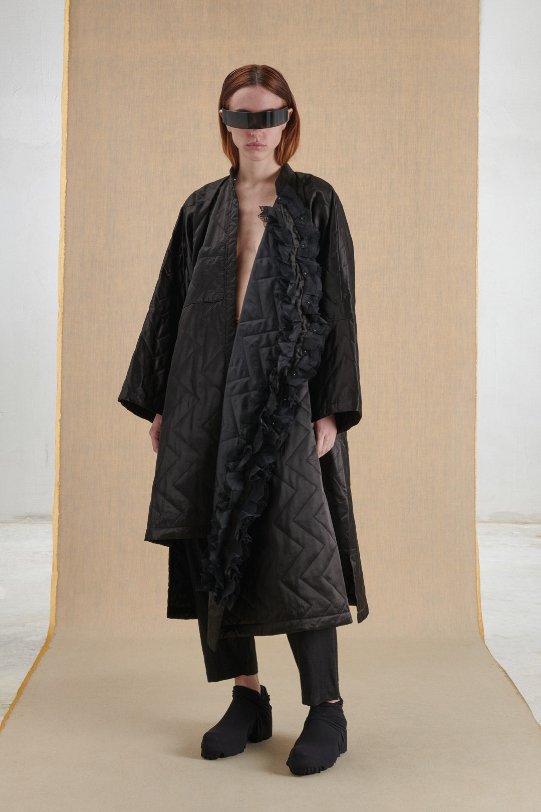 PADDED KIMONO COAT WITH RUFFLES