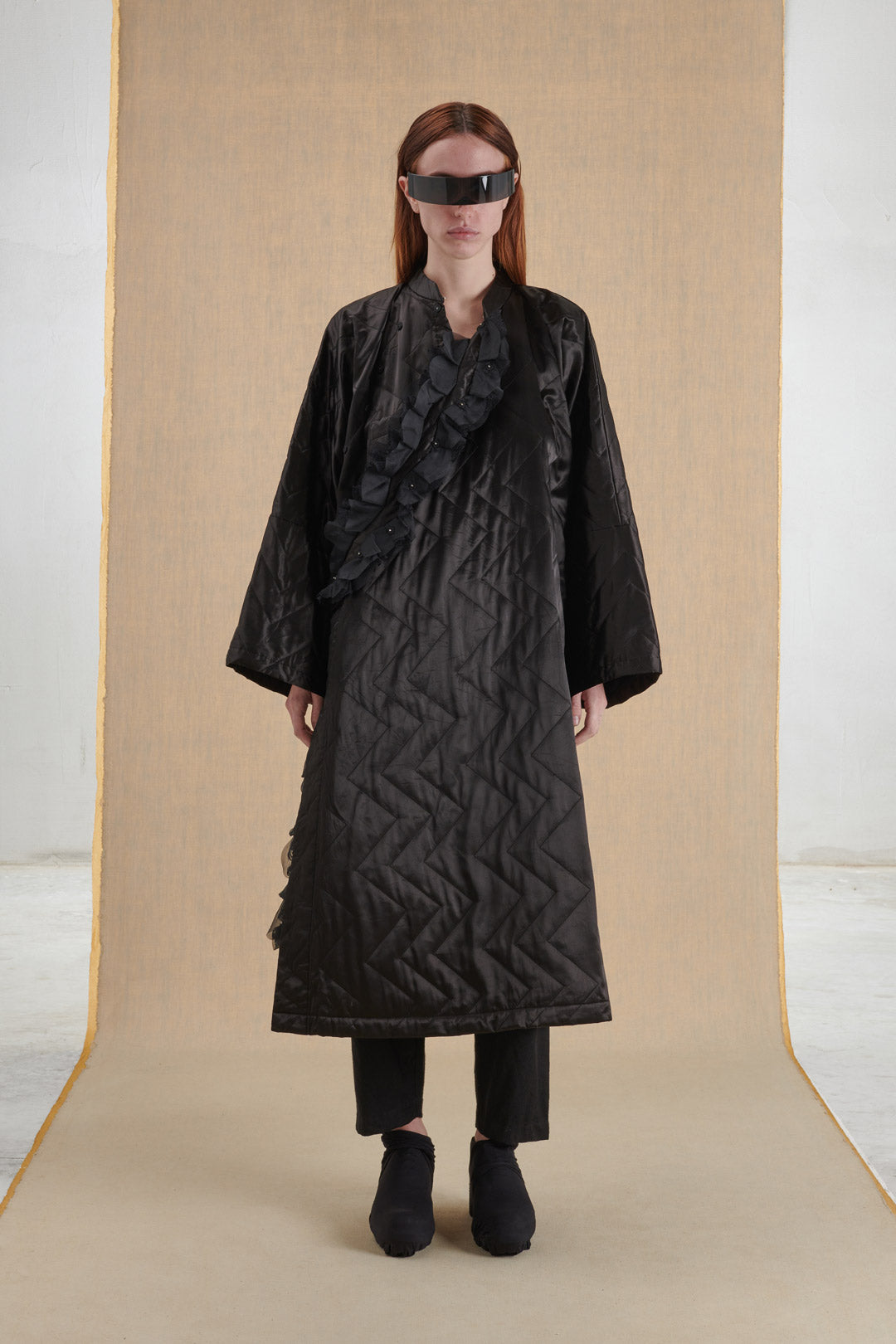 PADDED KIMONO COAT WITH RUFFLES