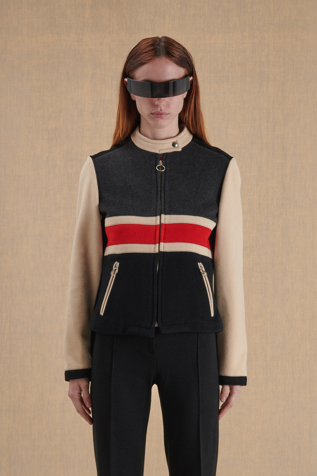 BLACK RED AND WHITE JACKET WITH FRONT ZIPPER