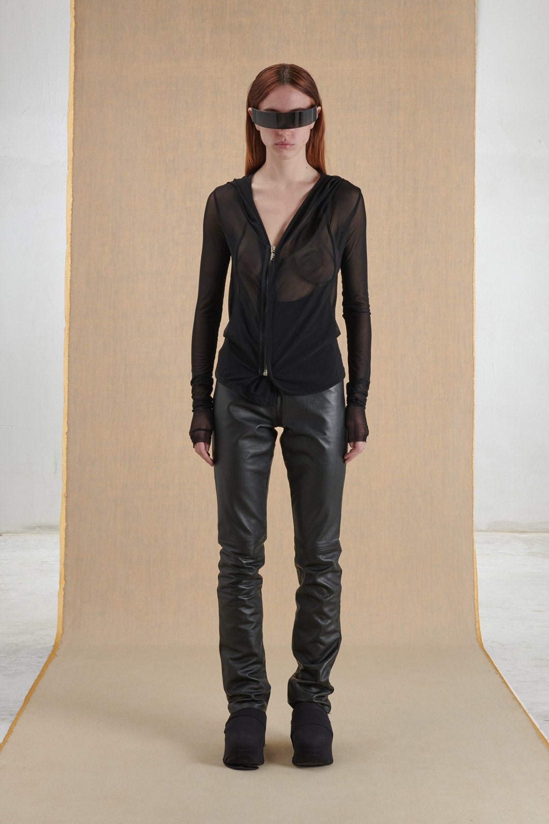 TRANSPARENT STRETCHY SHIRT WITH ZIPPER IN NETTED FABRIC