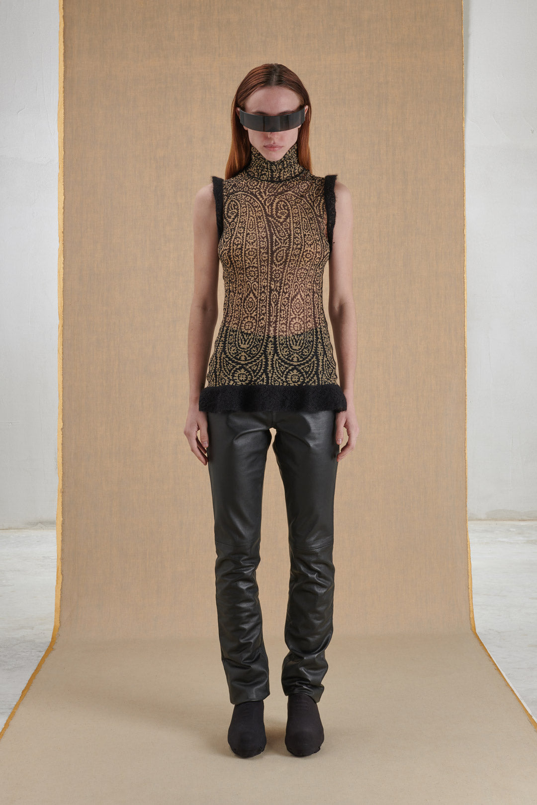 Transparent high-neck top with angora inserts