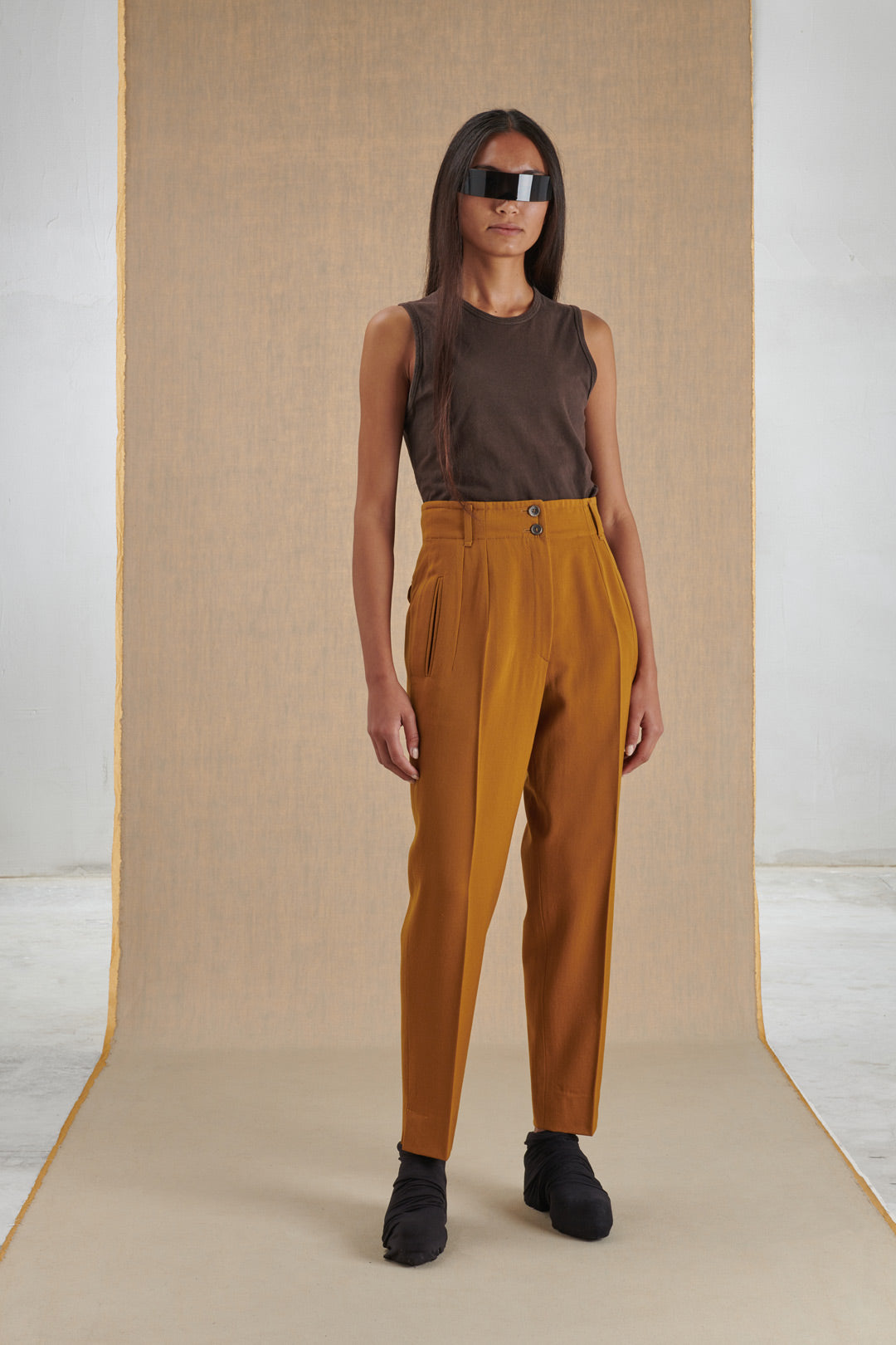 OCHER COLOR HIGH WAIST TROUSERS