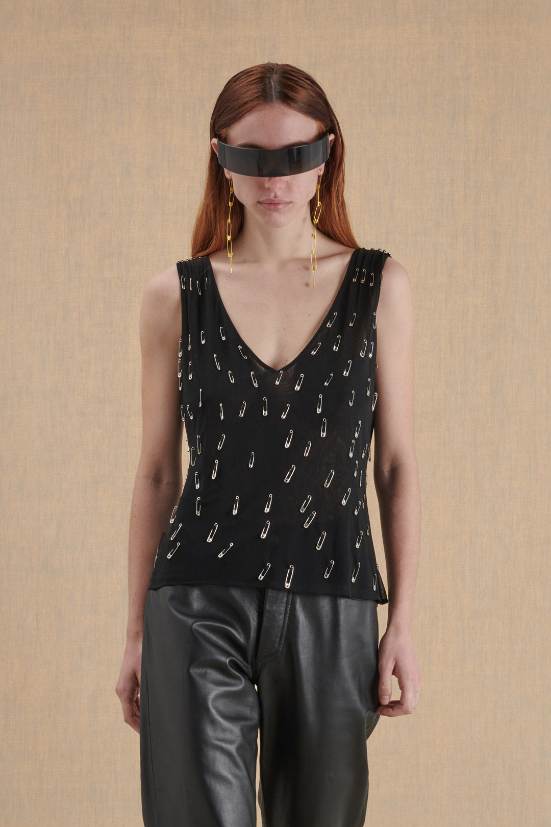 SEMI-TRANSPARENT TOP WITH SAFETY PINS